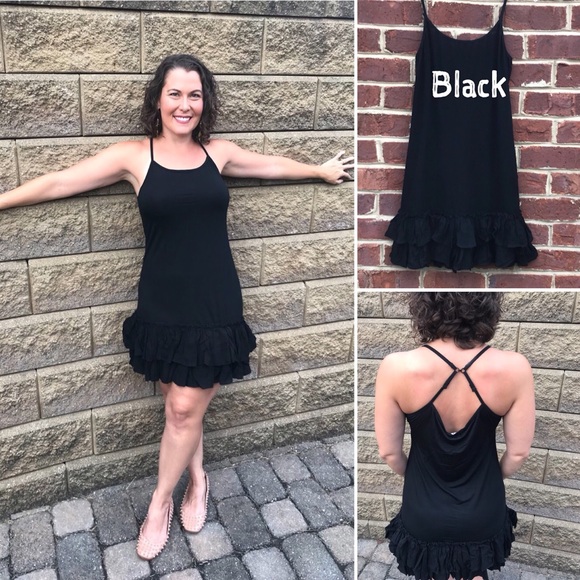 Black Double Ruffle Dress Extender Slip Convertible Strap Tiered Layered Slip - Picture 2 of 8